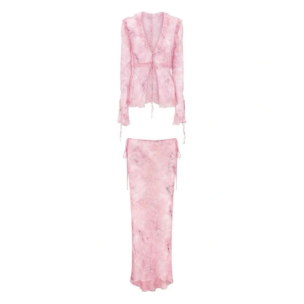 Pink Tie-Front Top and Skirt Set never worn